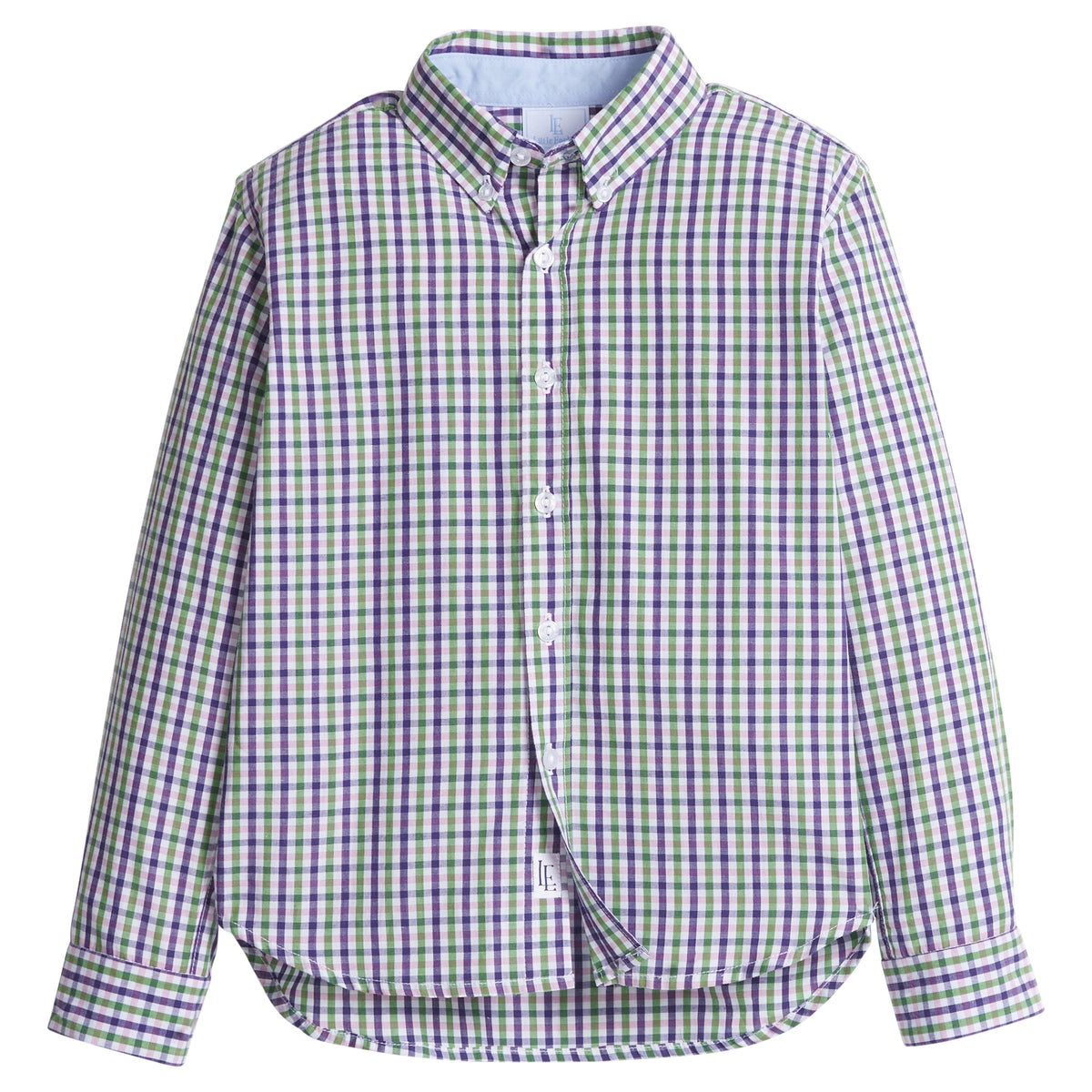 little english classic children's clothes, boys green and purple plaid button down shirt for fall
