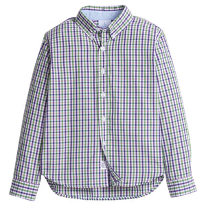 little english classic children's clothes, boys green and purple plaid button down shirt for fall