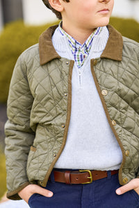 Little English classic childrens clothing, unisex button snap quilted jacket in olive green with corduroy details, Quarter zip sweater in light gray, button down shirt in blue and green coventry plaid, Classic pant in navy corduroy
