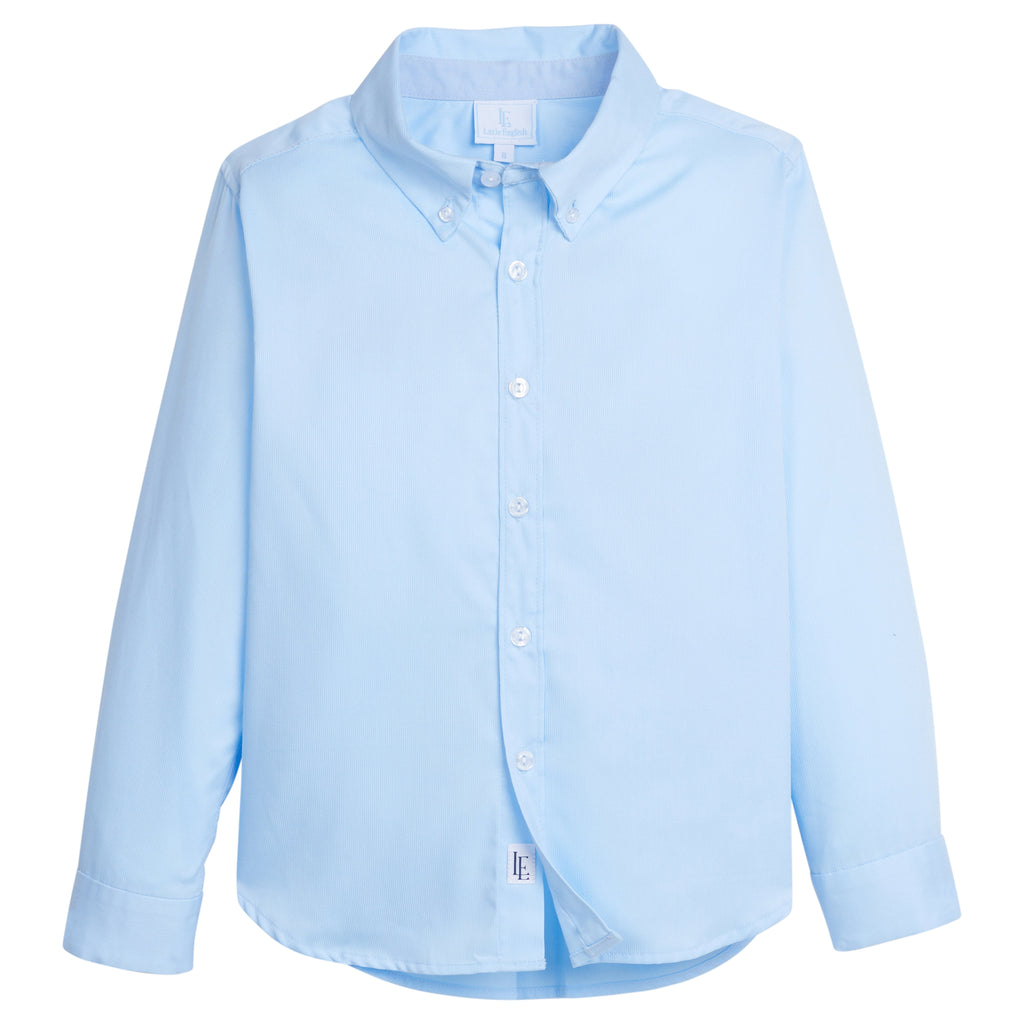 Little English traditional children's clothing. Boy's light blue pique button down shirt for Spring
