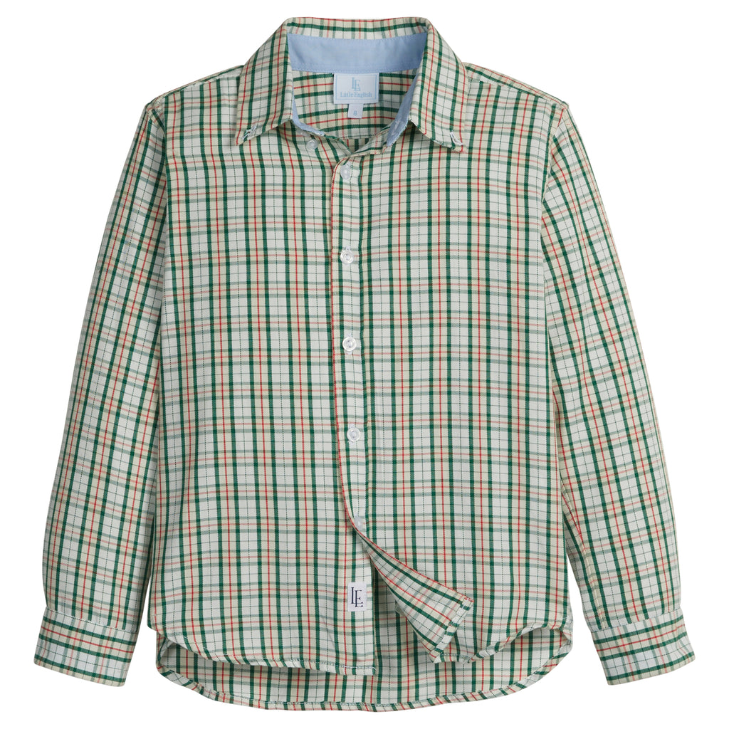 little english classic children's clothes, deep green and cream plaid with hints of red button down shirt for boys for the holidays