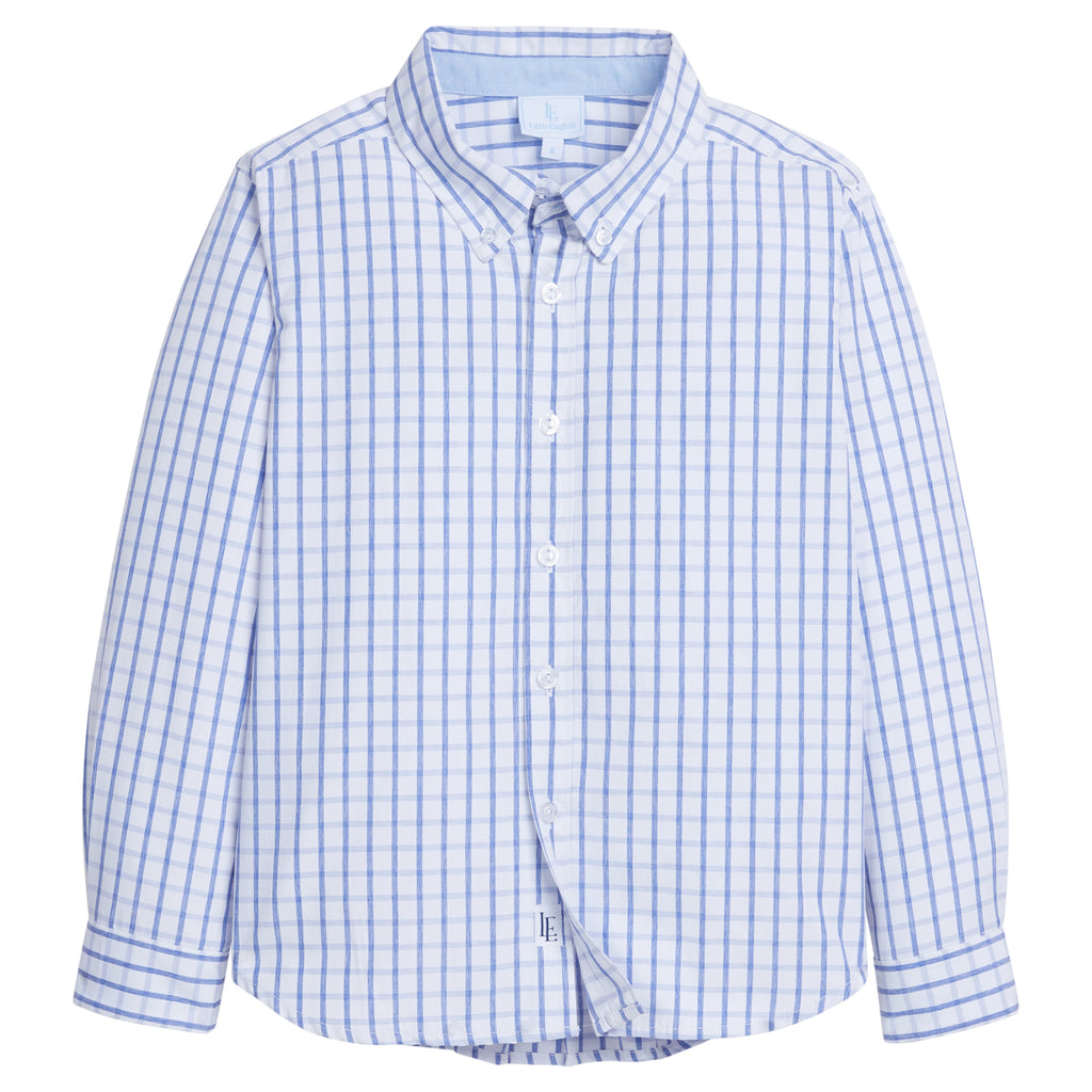 Little English traditional children's clothing. Boy's royal blue windowpane check button down shirt for Spring. 4th of July shirt for boys
