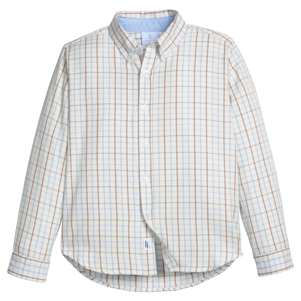 little english classic children's clothes, light blue, cream, and brown boys plaid button down shirt for fall