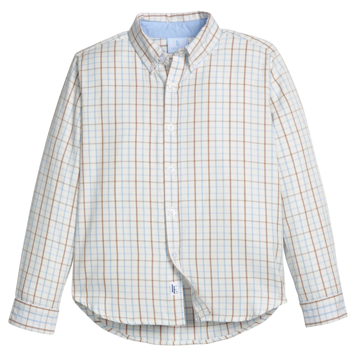 little english classic children's clothes, light blue, cream, and brown boys plaid button down shirt for fall