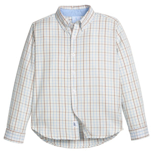 little english classic children's clothes, light blue, cream, and brown boys plaid button down shirt for fall