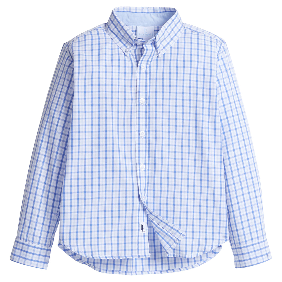 Little English classic kids clothing. Blue and white plaid button down shirt for boys for Fall