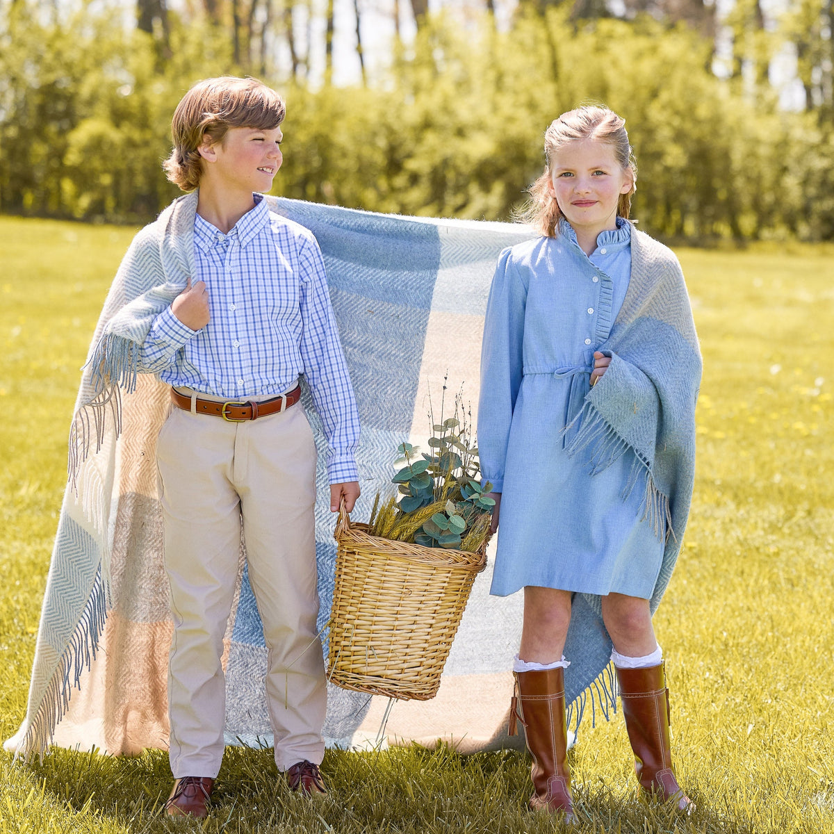 Little english classic outfits featuring blue and white woodberry plaid for boy and blue alaskan flannel dress for girl, coordinating looks for fall