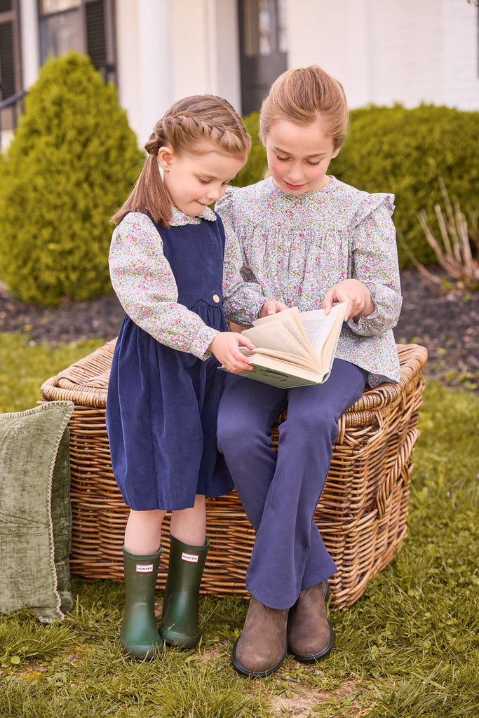 Little English classic outfits in lavender gables floral with navy button panel jumper and navy kick flare leggings, sister coordinating looks for fall