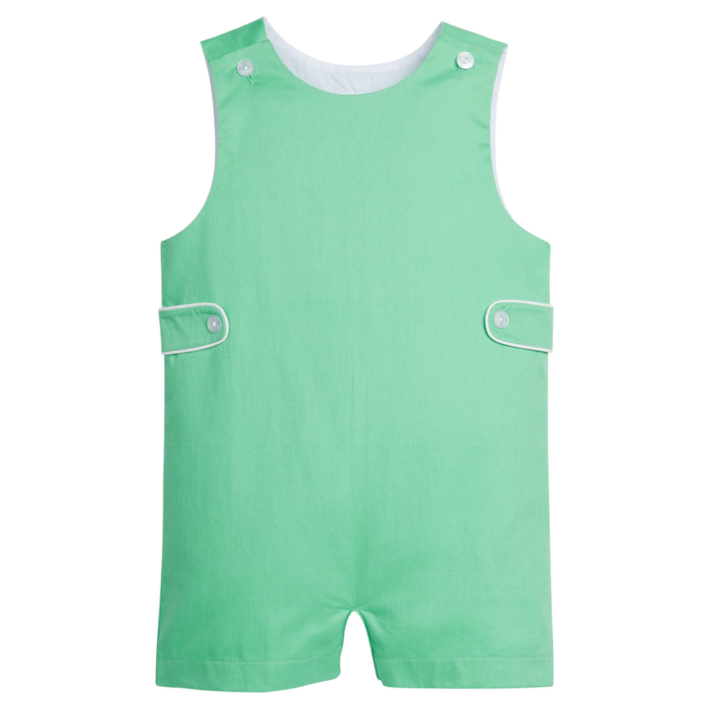 Little English traditional children's clothing. Toddler boy's green twill john john for Spring.