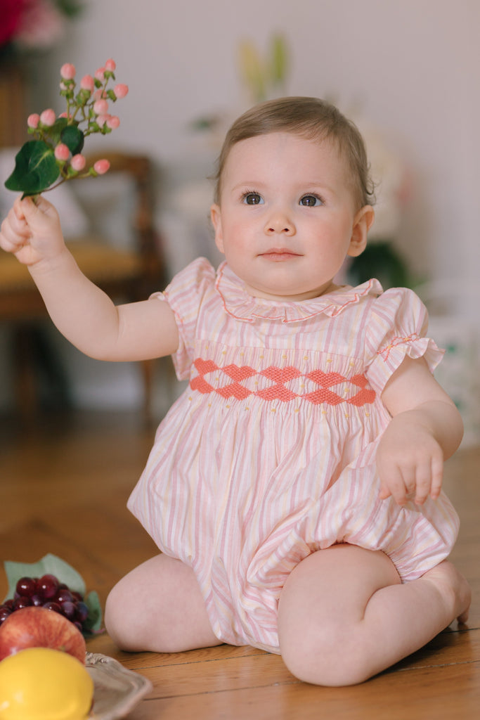 Capucine Pink Yellow Stripe Smocked Romper