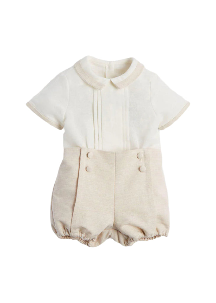 Baby Boy Celebration Beige Bloomers and Linen Shirt Set (12mths-3yrs) Sets from Pepa London