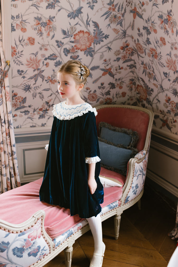 Celeste Navy Velvet Long Sleeve Bishop Dress