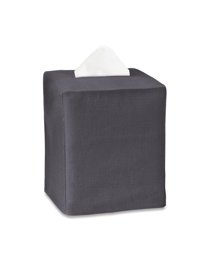 A charcoal linen tissue box cover