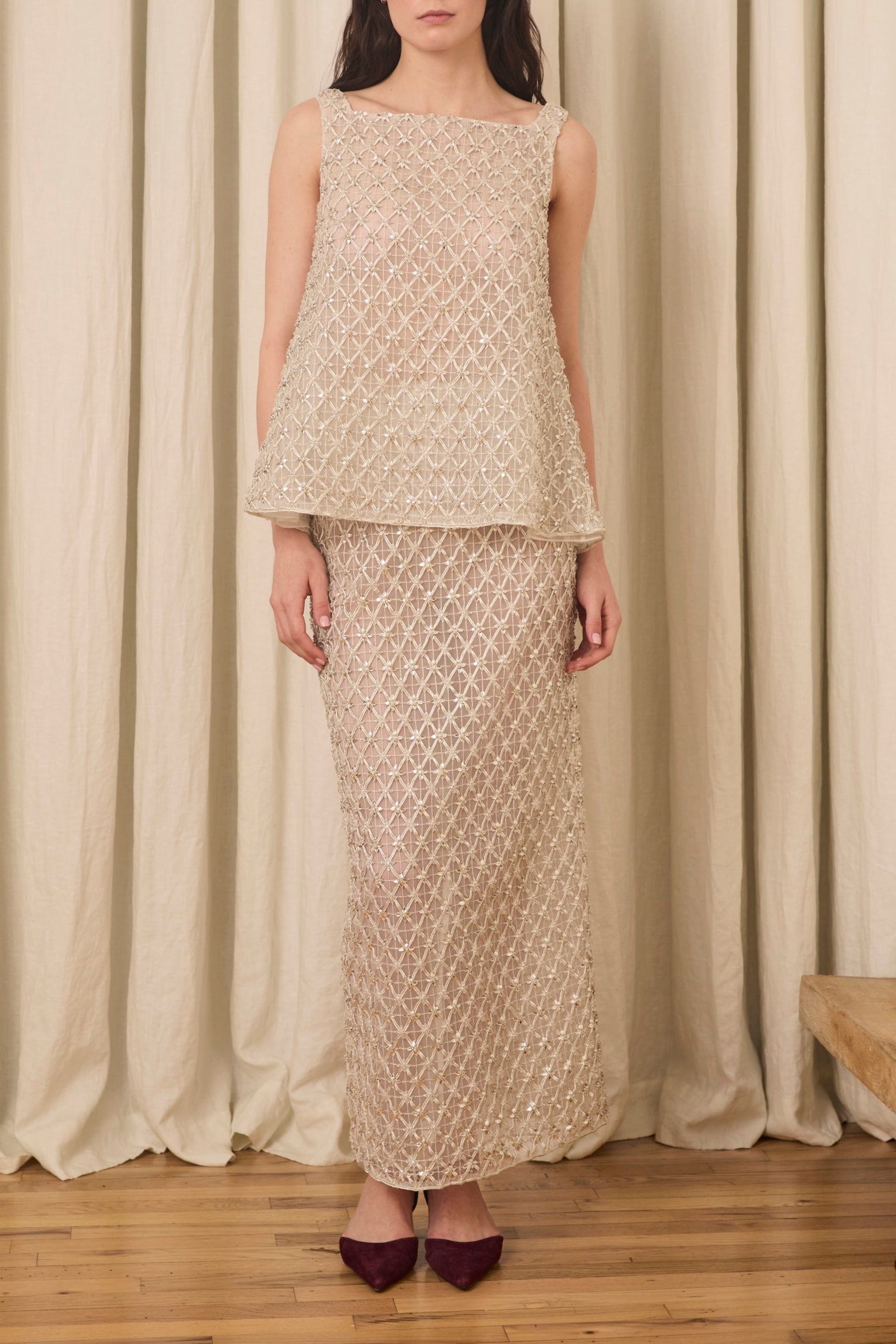 Chloe Tank in Crystal Lattice Embroidery