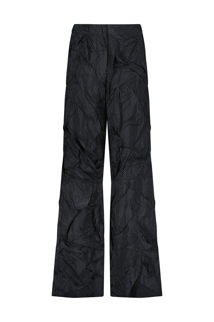 Crushed Pinstripe Parachute Trouser in Navy