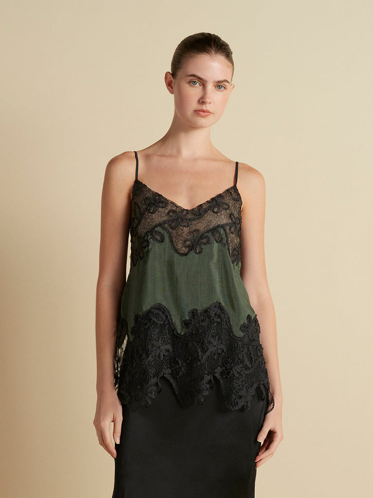 Pinstripe Camisole with Lace Inlay in Pine