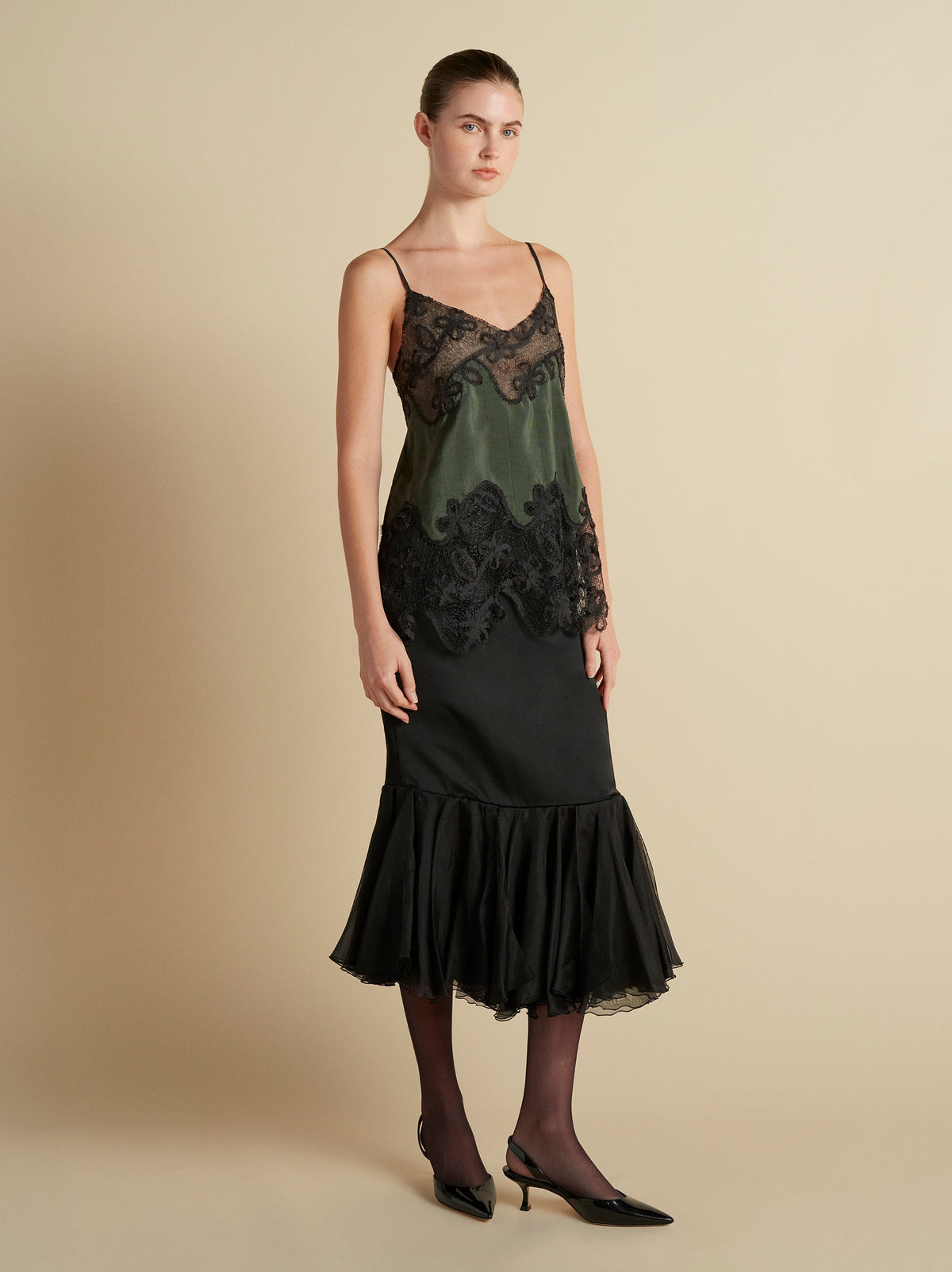 Pinstripe Camisole with Lace Inlay in Pine