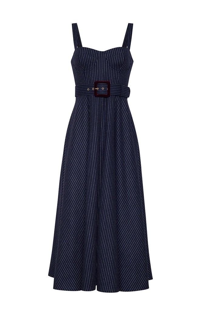 Calypso Dress in Navy Chalk Stripe