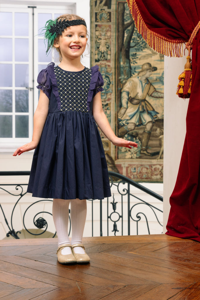 Camelia Navy Cotton Smocked Dress
