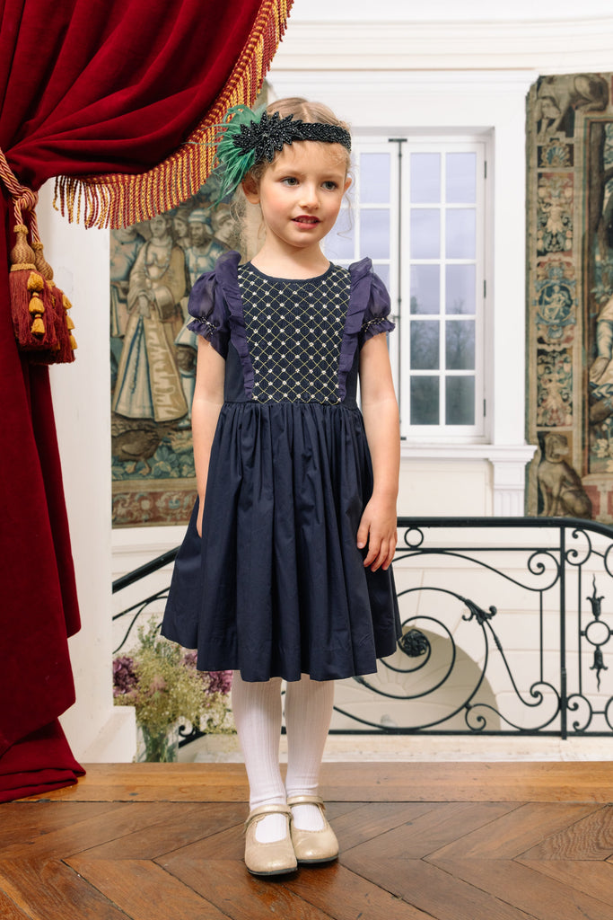 Camelia Navy Cotton Smocked Dress