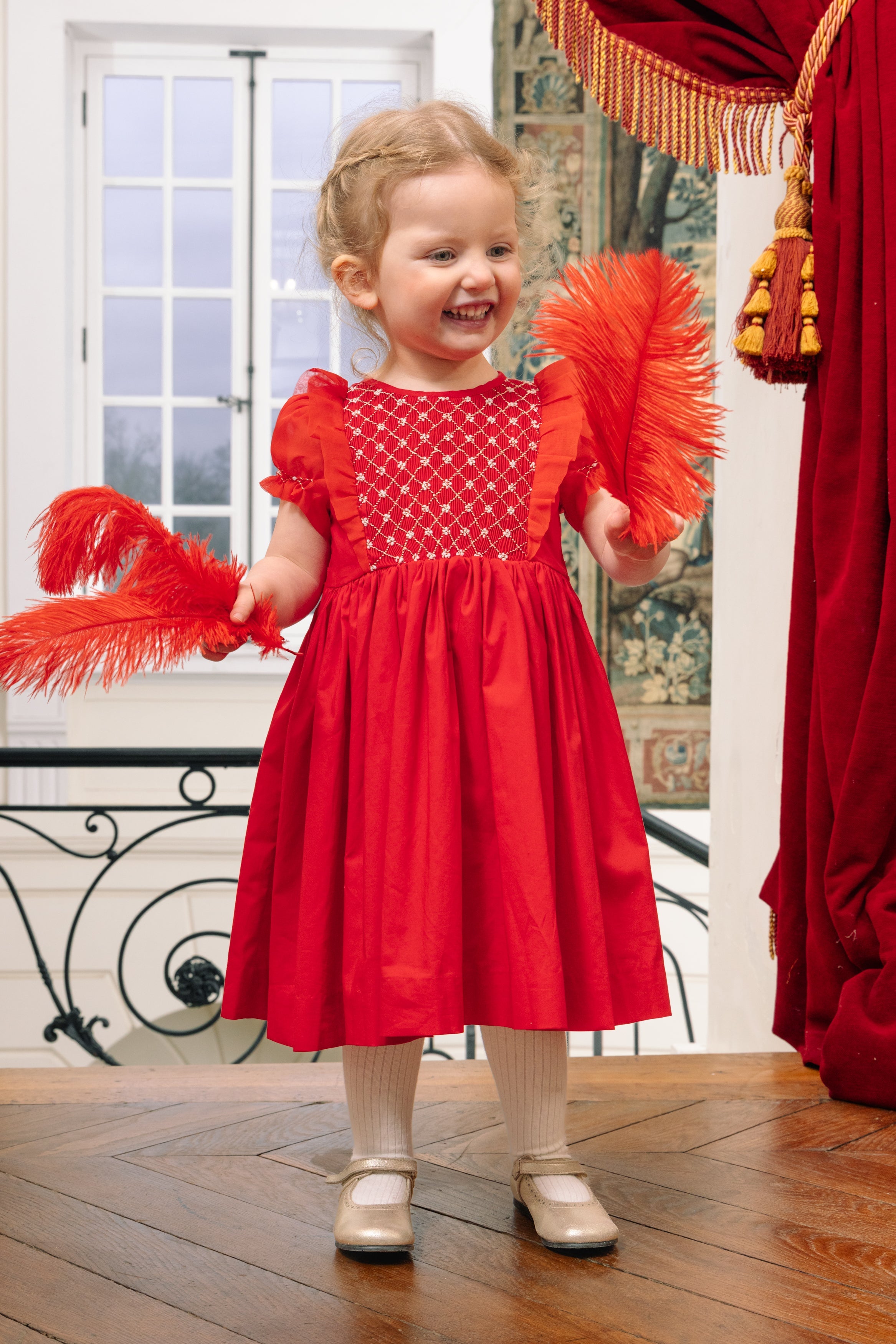 Camelia Red Cotton Smocked Dress