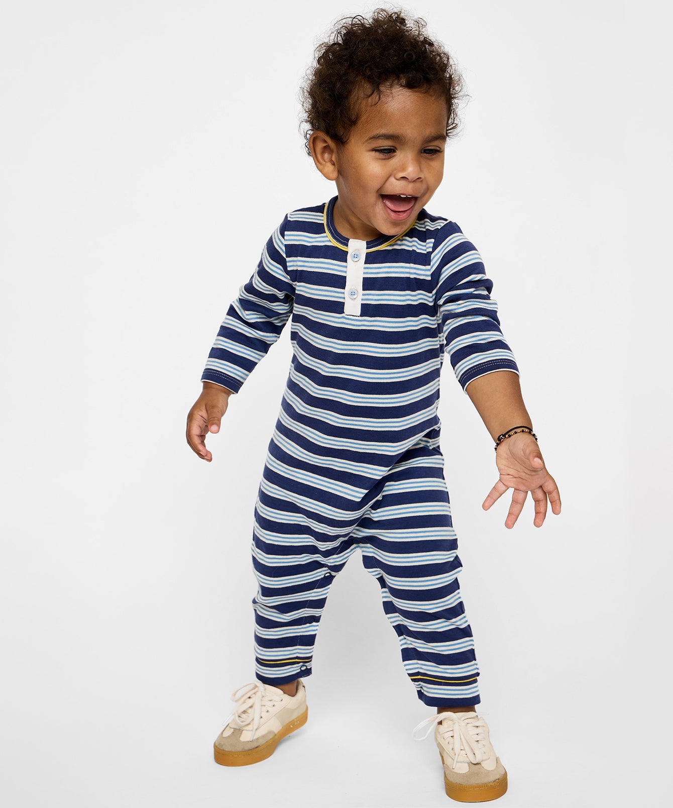 Campbell Romper in Navy Twin Stripe