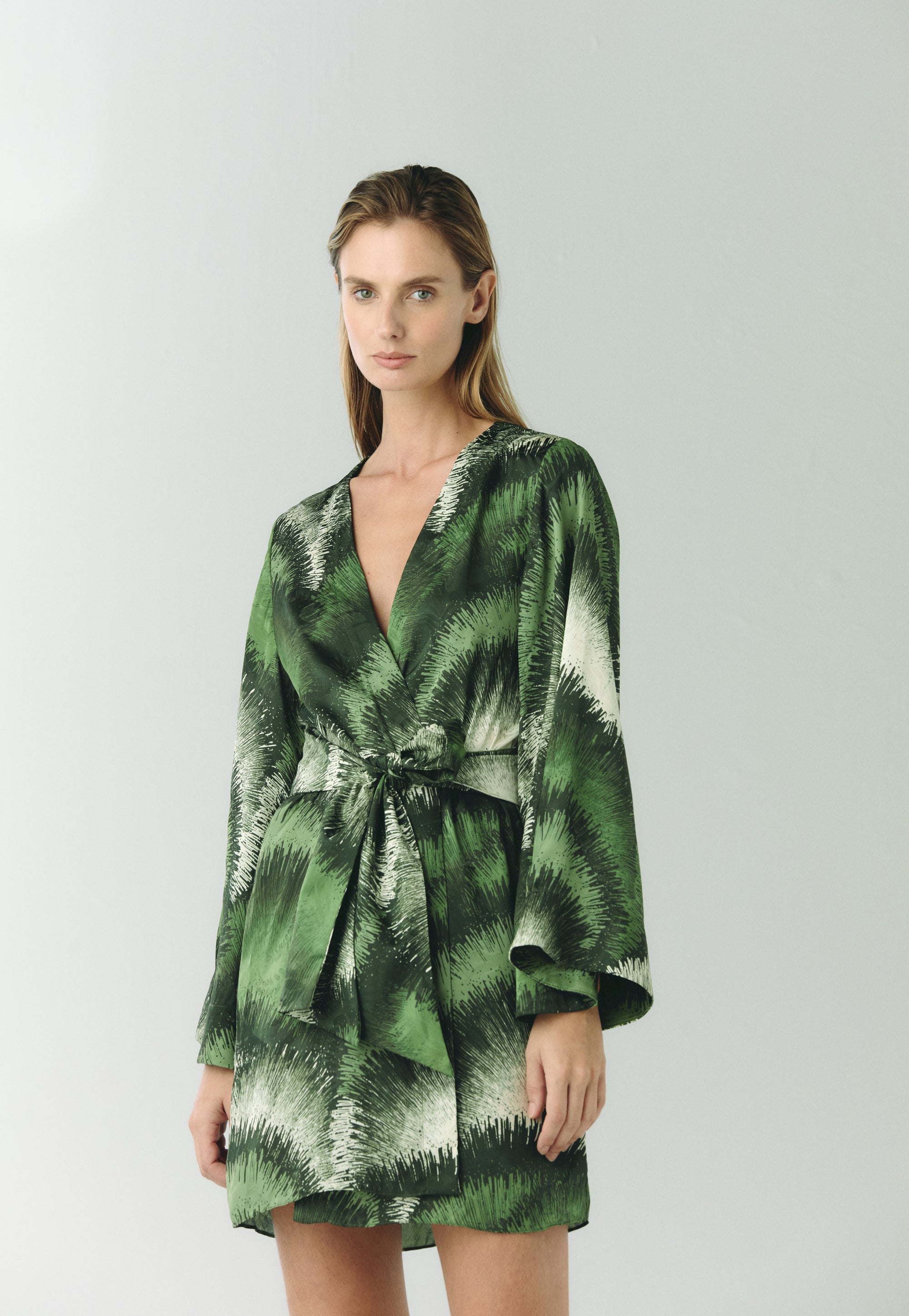 Joaquina Silk Jacquard Mini Caftan in Green Brushed