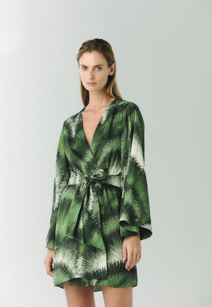 Joaquina Silk Jacquard Mini Caftan in Green Brushed