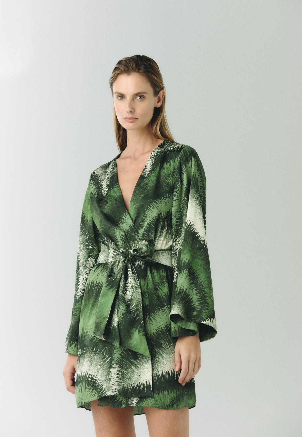 Joaquina Silk Jacquard Mini Caftan in Green Brushed