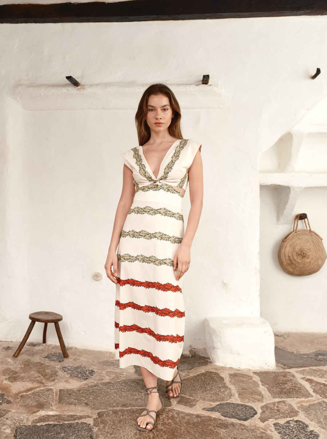 Quinto Sol Cotton Midi Dress in Ivory Striped Helechos