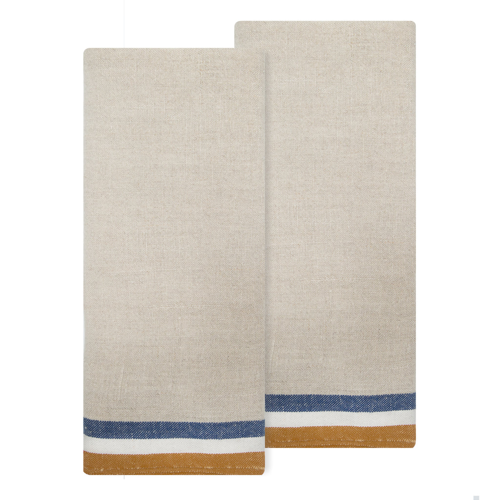 Normandy Tea Towels in Mustard, Natural & Blue Stripes, Set of 2
