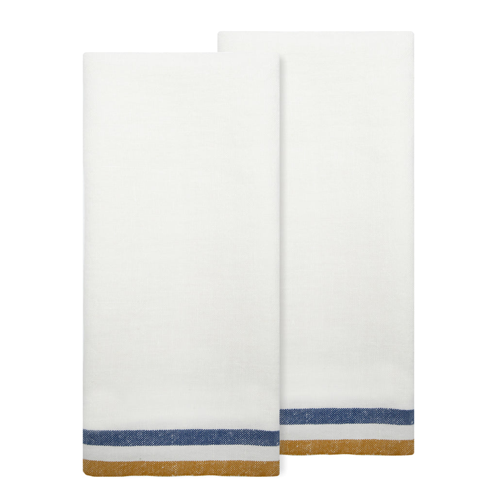 Normandy Tea Towels in Mustard, White, & Blue Stripes, Set of 2