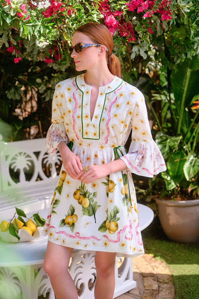 Carmel Cotton Caftan Dress in Lemons and Jasmine