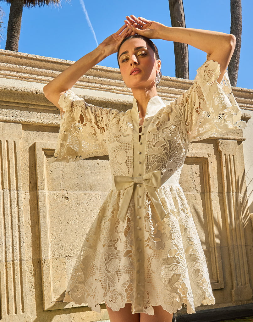 Carmen Lace Mini Dress in Ivory