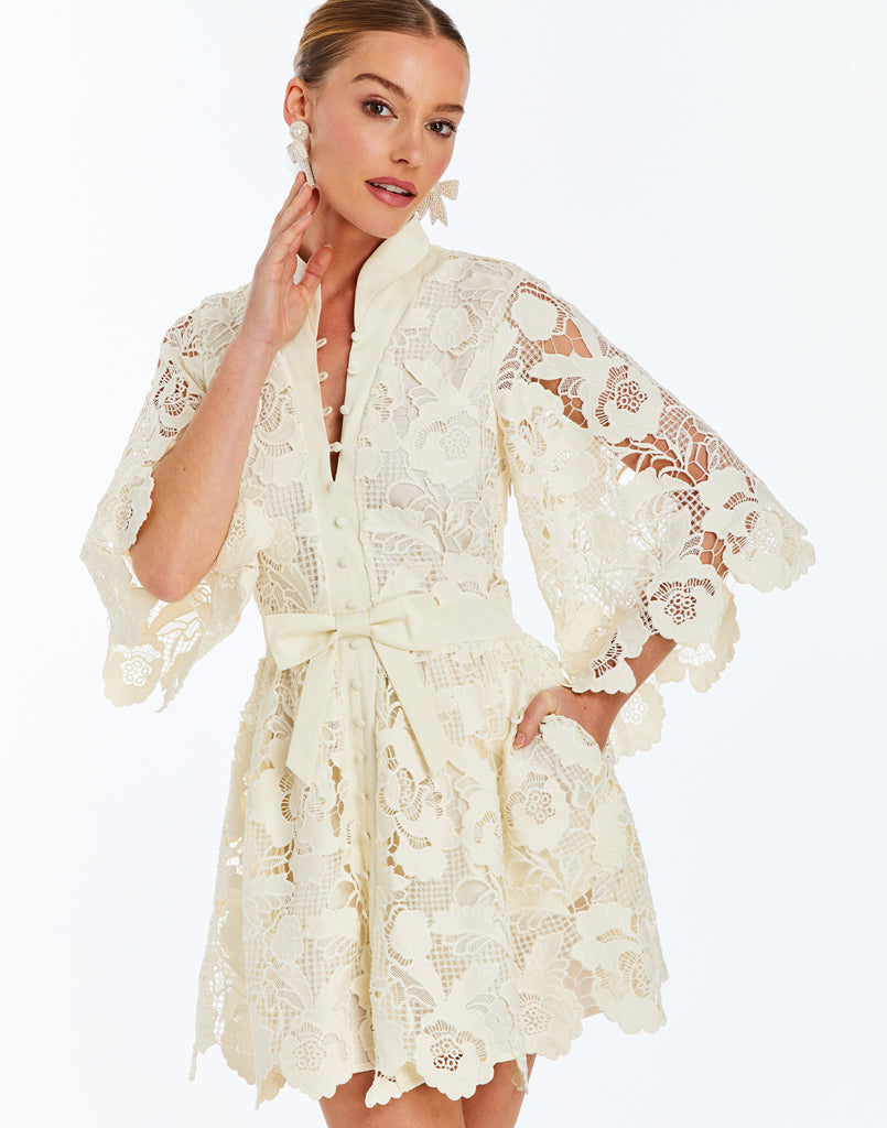 Carmen Lace Mini Dress in Ivory
