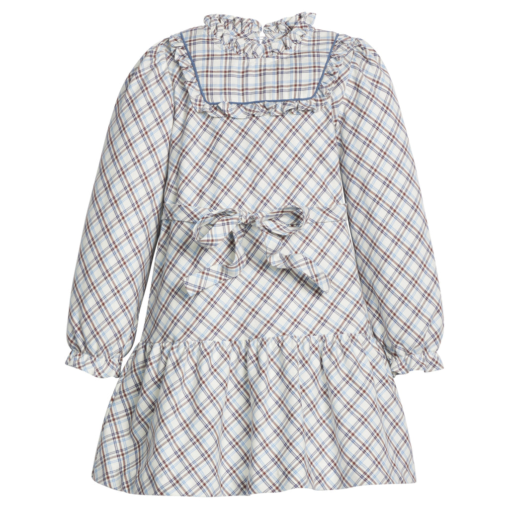 little english classic children's clothes, girls light blue, brown, and cream plaid long sleeve dress with tie waist and ruffled high neck for fall