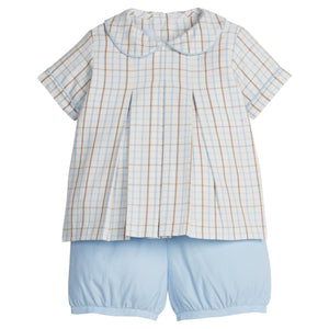little english classic children's clothes, boys light blue, brown, and cream plaid peter pan top with coordinating light blue corduroy banded shorts