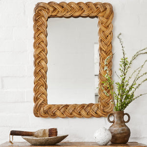 rectangular mirror against white wall next to plant