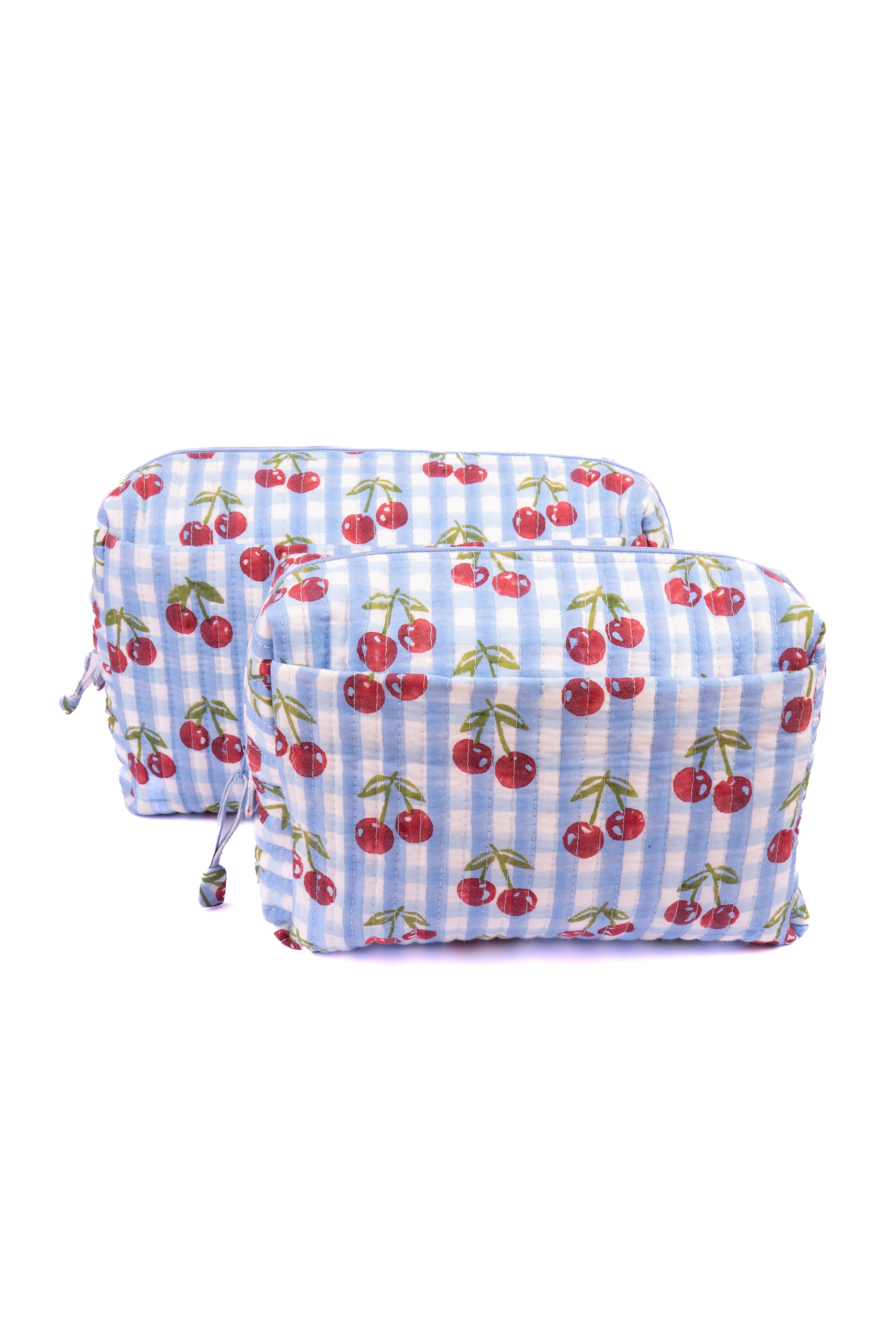Cherry Makeup Bag in Blue Gingham Blockprint