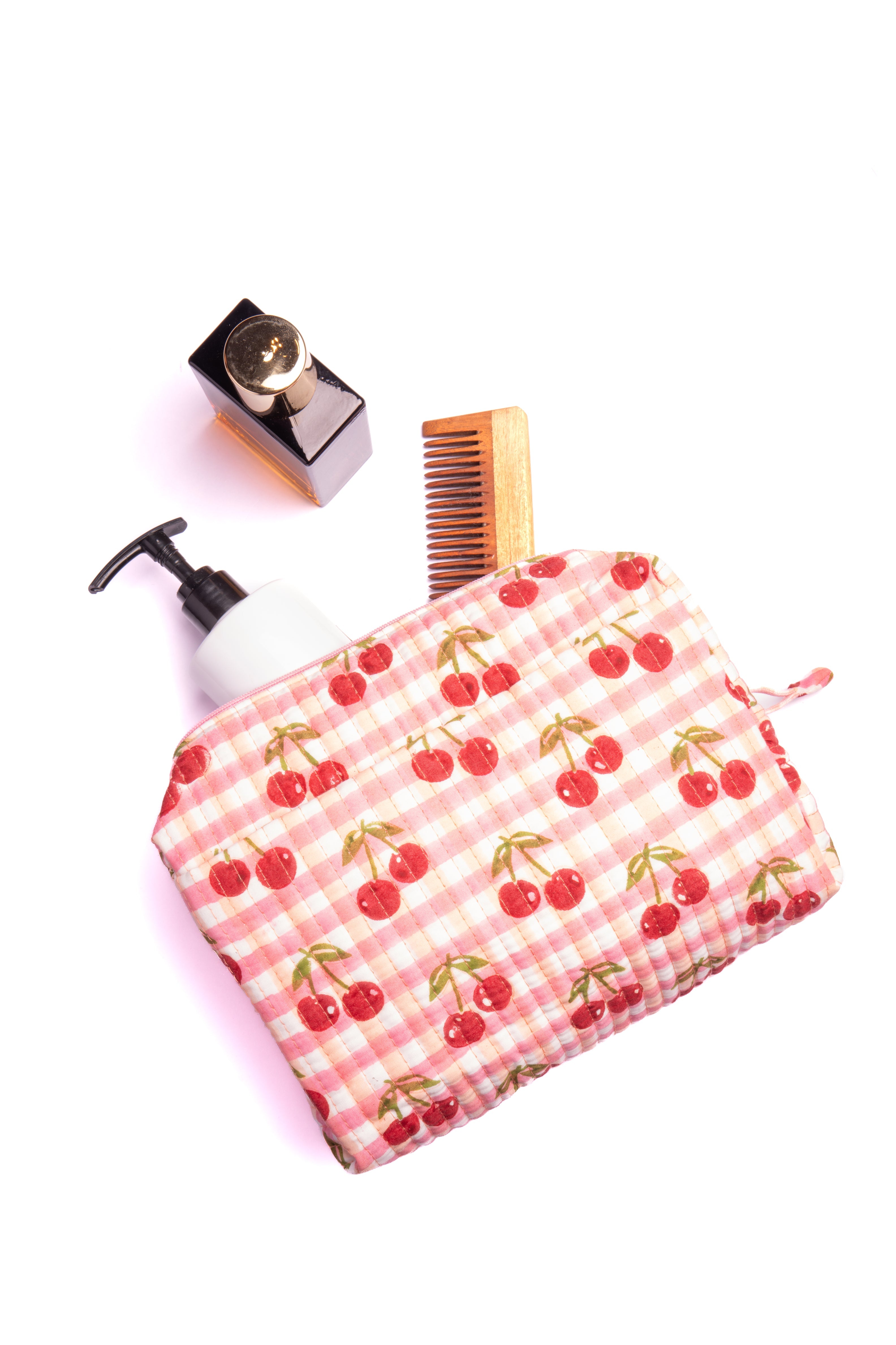 Cherry Makeup Bag in Red Gingham Blockprint
