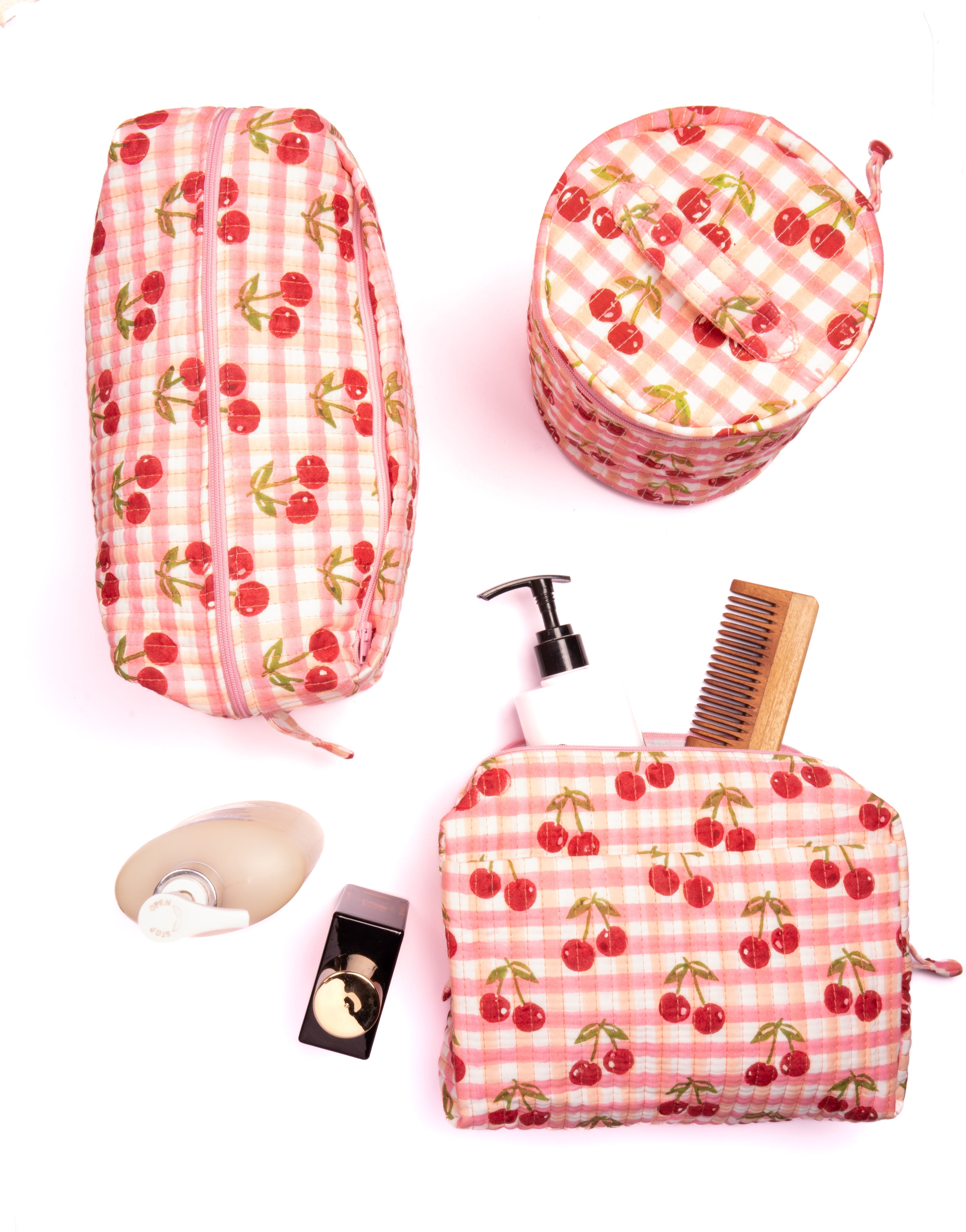 Cherry Round Upright Makeup Bag in Red Gingham Blockprint