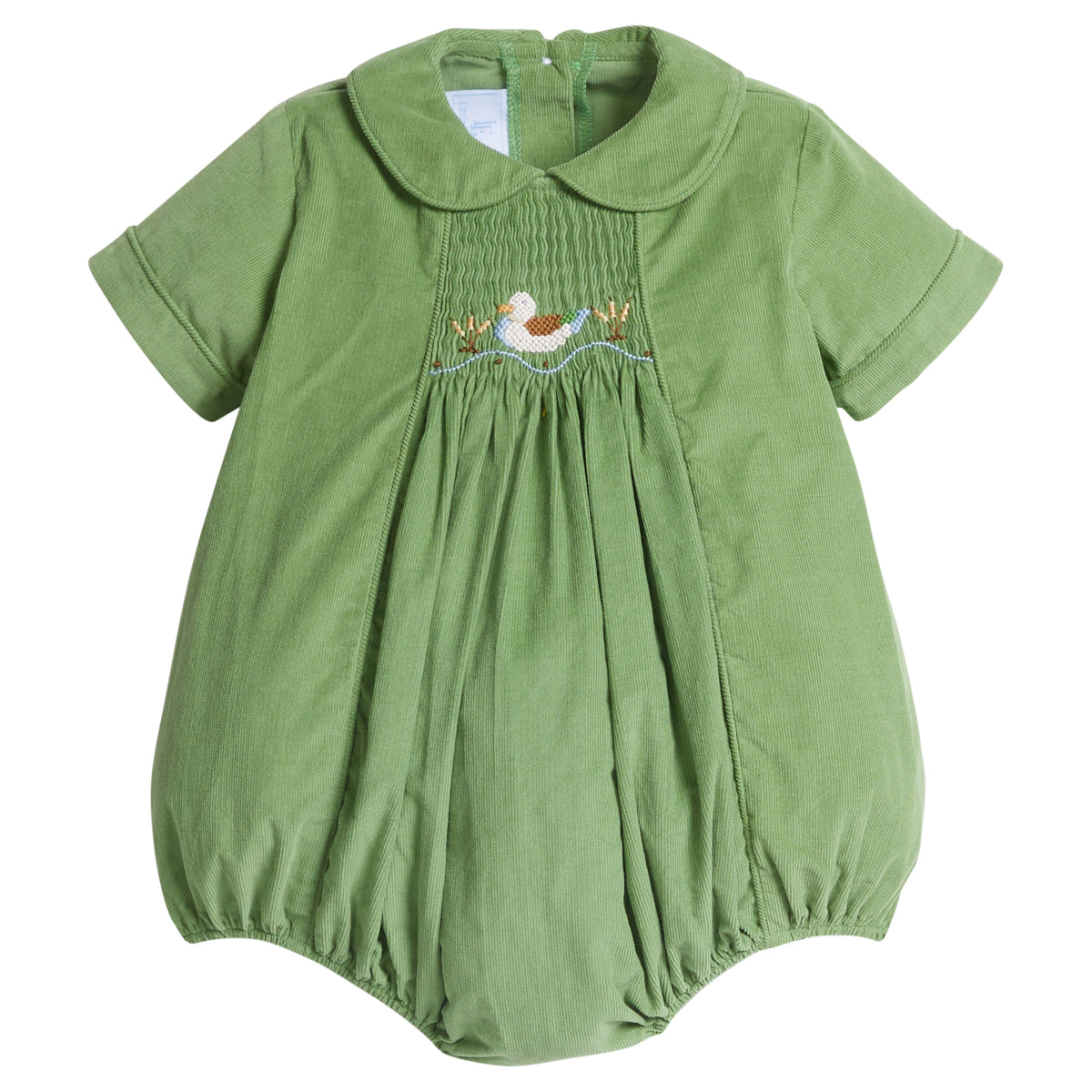 little english classic children's clothes, boys green corduroy bubble with peter pan collar and smocking on the chest with mallard motif