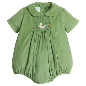 little english classic children's clothes, boys green corduroy bubble with peter pan collar and smocking on the chest with mallard motif