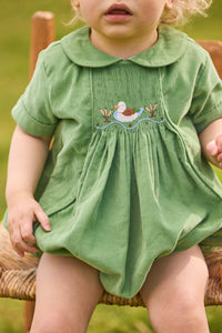 little english classic children's clothes, boys green corduroy bubble with peter pan collar and smocking on the chest with mallard motif