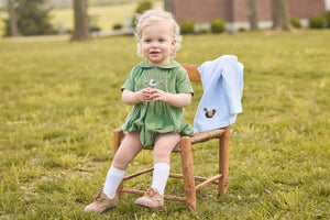 little english classic children's clothes, boys green corduroy bubble with peter pan collar and smocking on the chest with mallard motif, Mallard crochet cardigan with wooden buttons