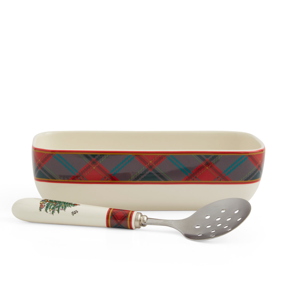 Christmas Tree Tartan 2-Piece Rectangular Server & Slotted Spoon Set
