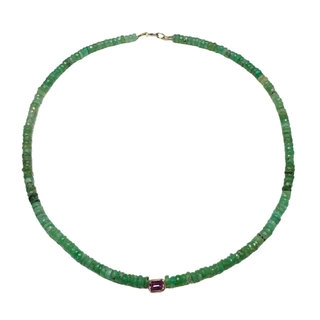 Chrysoprase Heishi Necklace With Bezel Set Pink Tourmaline