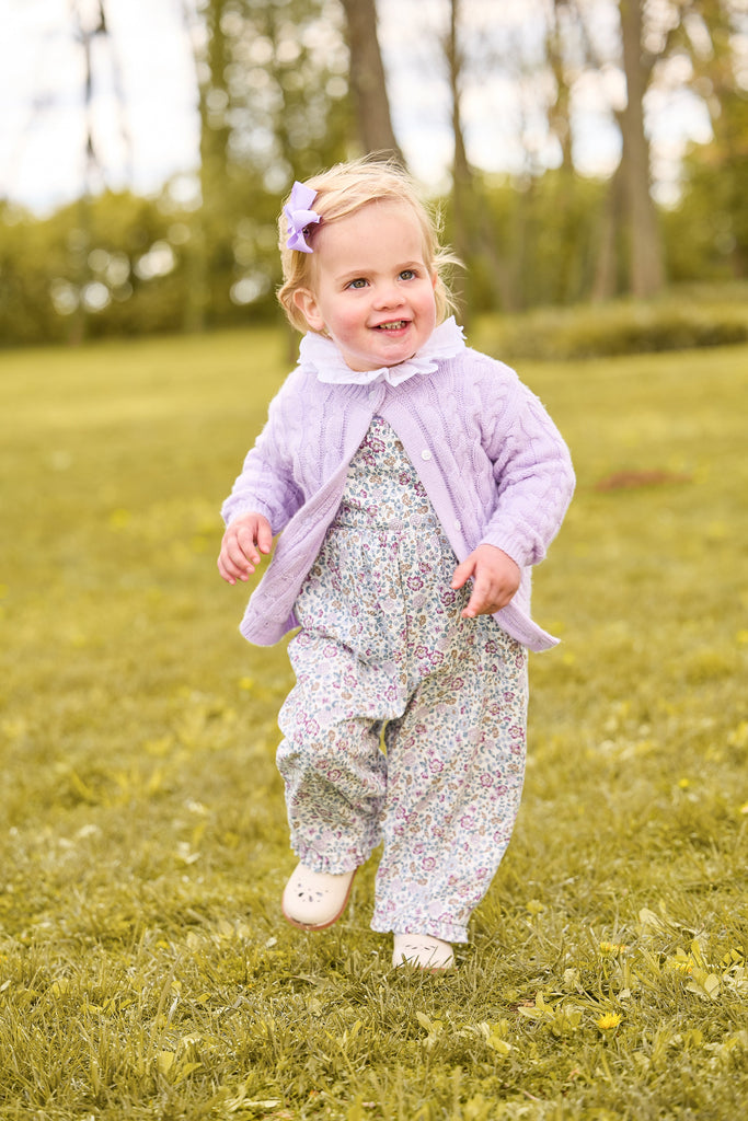 little english classic children's clothing girls lavender floral overall with ruffle bottom, london blouse in white, cashmere blend cardigan in lavender