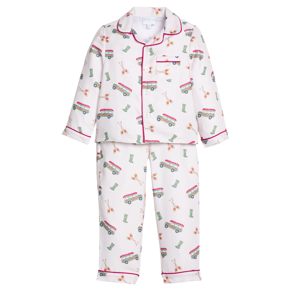 little english classic children's clothes, boys wagoneer pajama set with a cream background and red piping