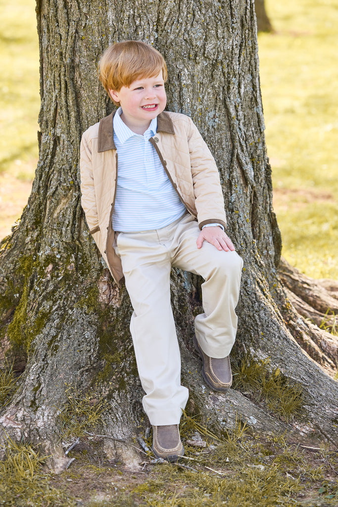 little english classic children's clothing, quilted jacket in khaki, long sleeve polo in sky blue tripe, pull on pant in pebble twill